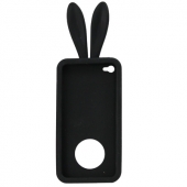 Силиконовый чехол для iPhone 4, 4S с ушами кролика и хвостом-подставкой (черный)
